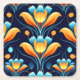 Art Deco blaue orangefarbene Blumen Rechteckiger Pappuntersetzer