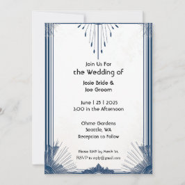 Art déco bleu blanc élégant mariage invitation
