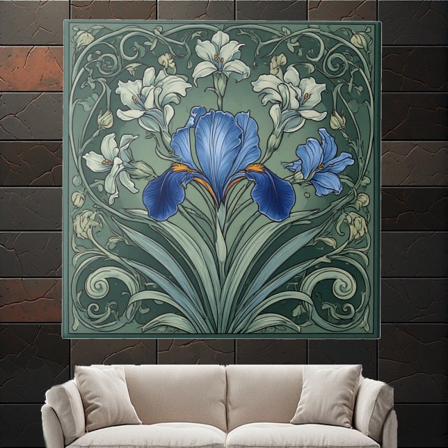  Art Deco Blue Iris Bloom Floral Motifs Botanical Fliese (Art Deco Blue Iris Bloom Floral Motifs Botanical Ceramic Tile)