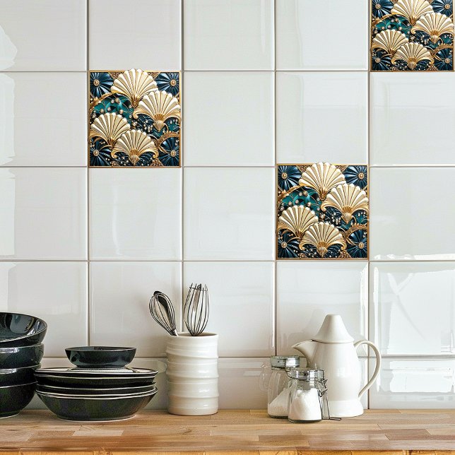 Art Deco Blue Ivory, Gemi und Gold Fan Fliese (Von Creator hochgeladen)