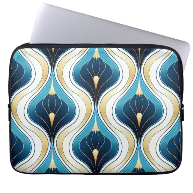 Art Deco Blue Ogee Gold Creme Gemustert Laptopschutzhülle (Vorderseite)