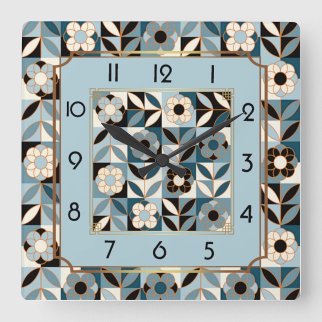 Art Deco Blume blau Quadratische Wanduhr (Vorderseite)