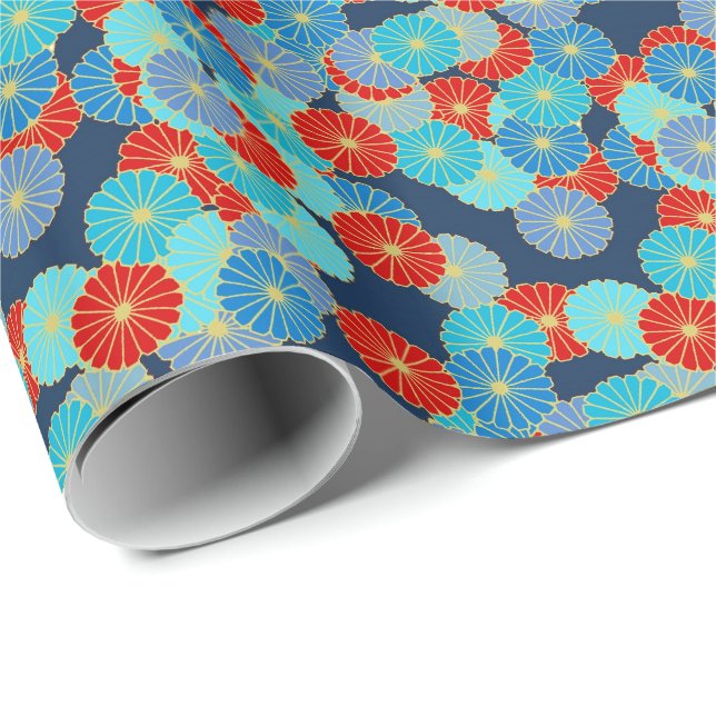 Art Deco Blume - blau, türkis und rot Geschenkpapier (Rolleneckpunkt)