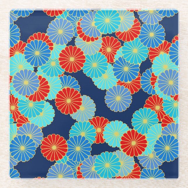 Art Deco Blume - blau, türkis und rot Glasuntersetzer (Vorderseite)