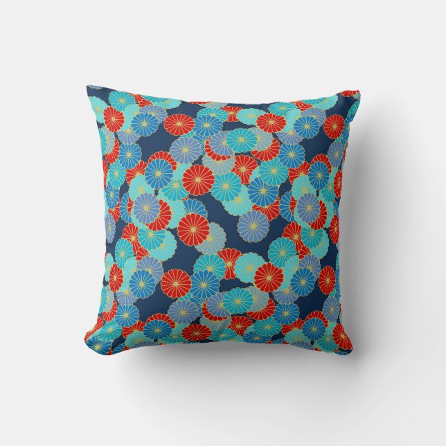 Art Deco Blume - blau, türkis und rot Kissen (Vorderseite)