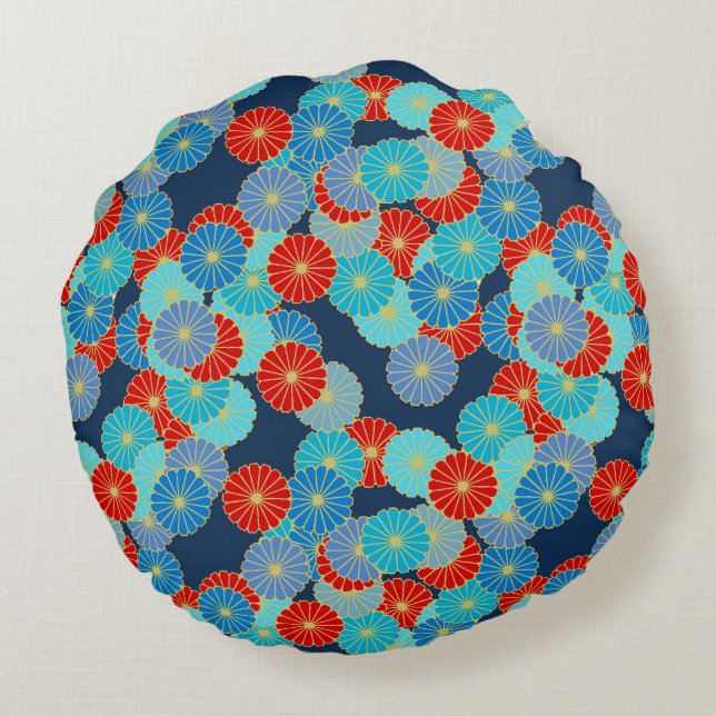 Art Deco Blume - blau, türkis und rot Rundes Kissen (Rückseite)