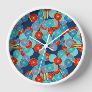 Art Deco Blume - blau, türkis und rot Uhr