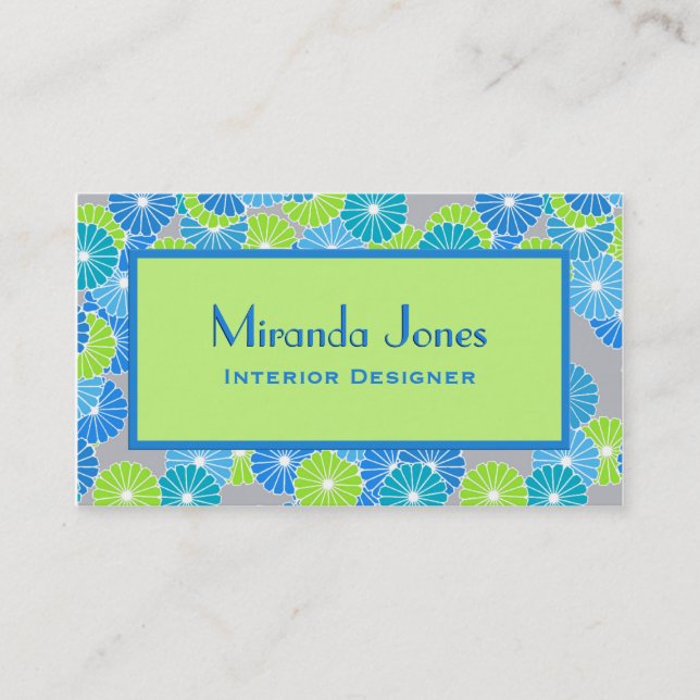 Art Deco Blume - Cerulean Blue und Lime Green Visitenkarte (Vorderseite)