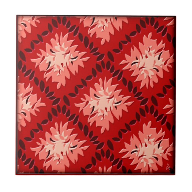 Art Deco Blume Grid - Reds Fliese (Vorderseite)