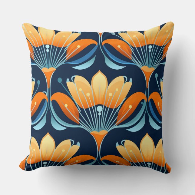 Art-Deco-Blume in Orange Kissen (Vorderseite)