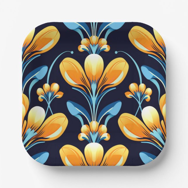 Art-Deco-Blume in Orange Pappteller (Vorderseite)