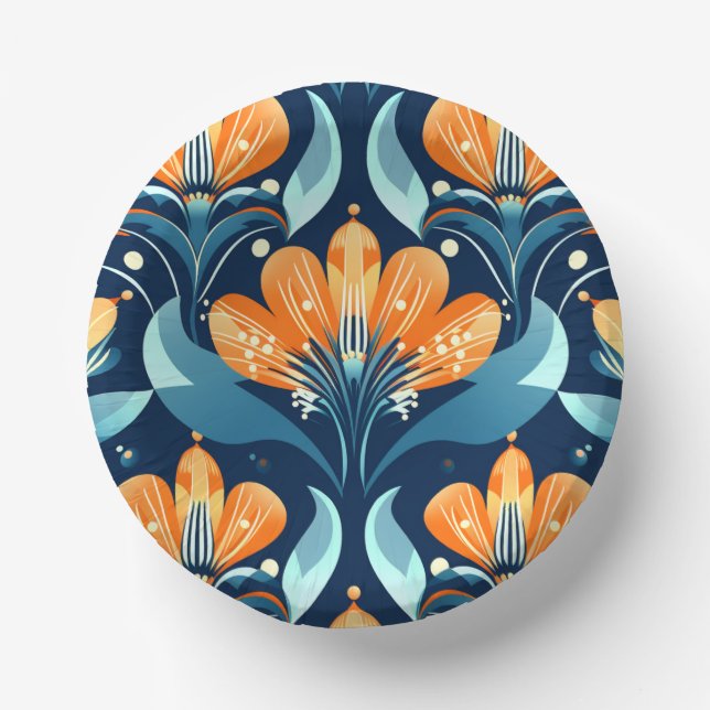 Art-Deco-Blume in Orange Pappteller (Vorderseite)
