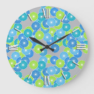 Art Deco Blume Muster - blau und lila grün Große Wanduhr