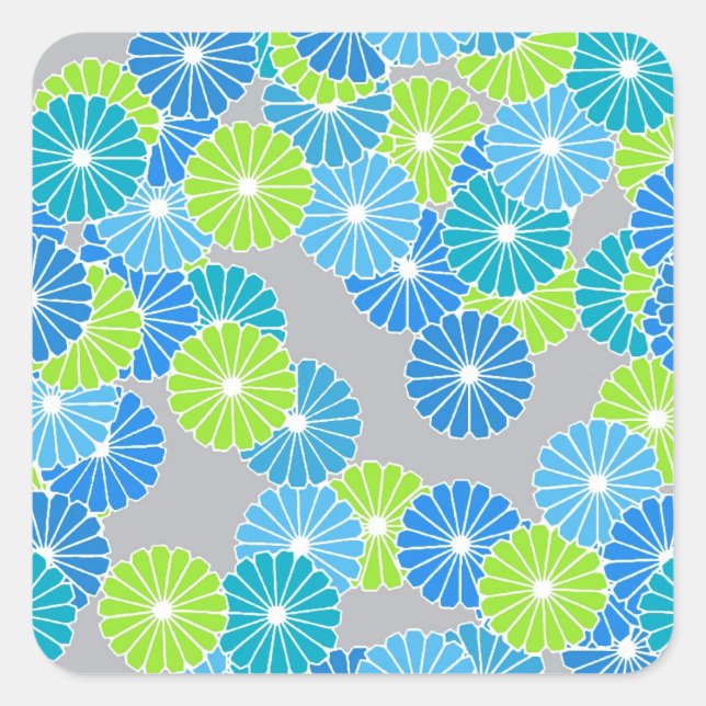 Art Deco Blume Muster - blau und lila grün Quadratischer Aufkleber (Vorderseite)
