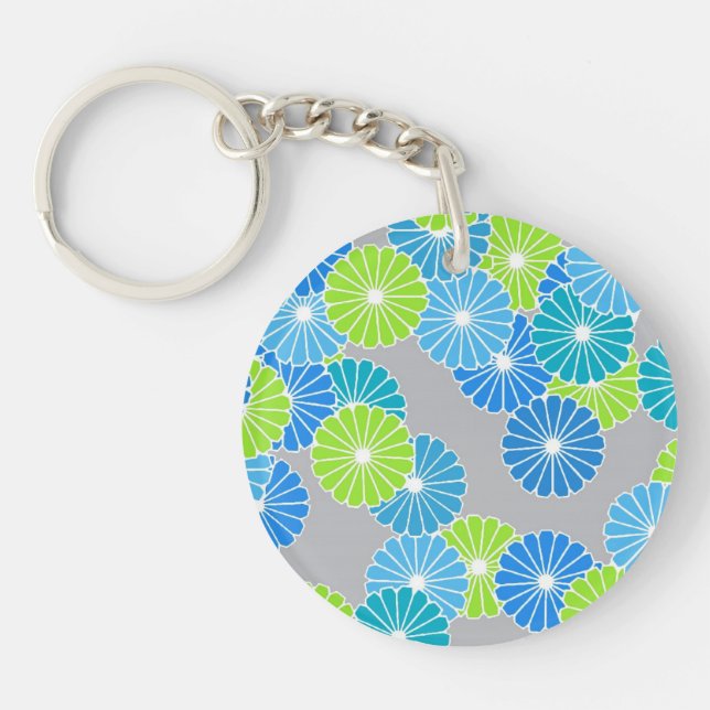 Art Deco Blume Muster - blau und lila grün Schlüsselanhänger (Vorderseite)