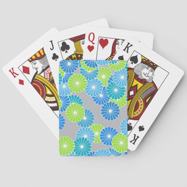 Art Deco Blume Muster - blau und lila grün Spielkarten (Rückseite)