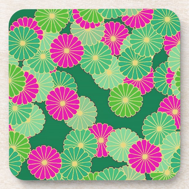 Art Deco Blume Muster - Grüntöne, Fuchsia Getränkeuntersetzer (Vorderseite)