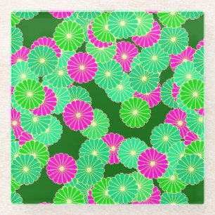 Art Deco Blume Muster - Grüntöne, Fuchsia Glasuntersetzer