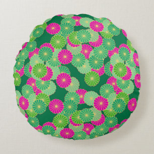 Art Deco Blume Muster - Grüntöne, Fuchsia Rundes Kissen