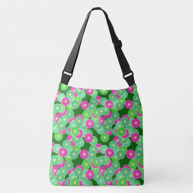 Art Deco Blume Muster - Grüntöne, Fuchsia Tragetaschen Mit Langen Trägern (Vorderseite)