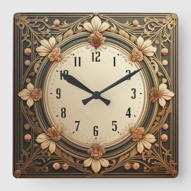 Art-Deco-Blume Quadratische Wanduhr (Vorderseite)