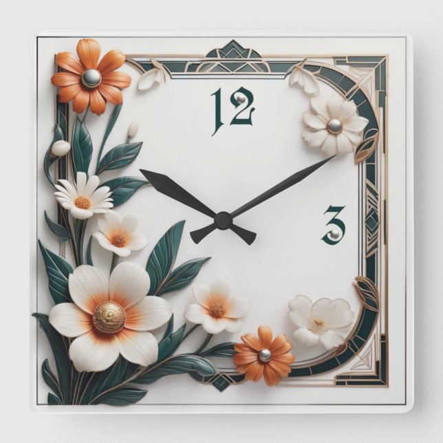 Art-Deco-Blume Quadratische Wanduhr (Vorderseite)