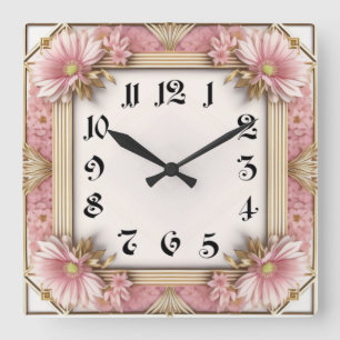 Art Deco Blume Rosa Quadratische Wanduhr