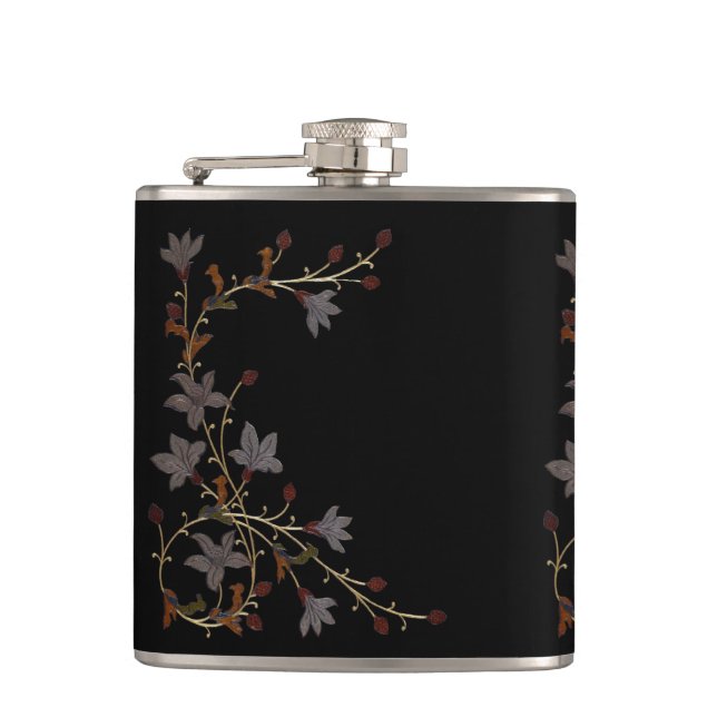 Art Deco Blumen auf Schwarz Flachmann (Vorderseite)