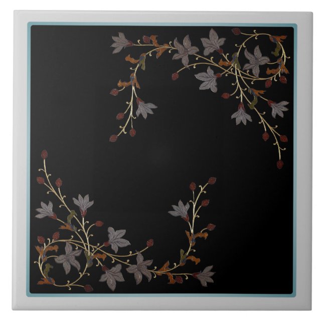 Art Deco Blumen auf Schwarz Fliese (Vorderseite)