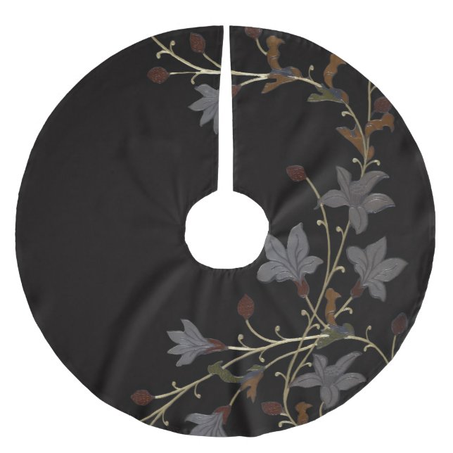 Art Deco Blumen auf Schwarz Polyester Weihnachtsbaumdecke (Vorderseite)