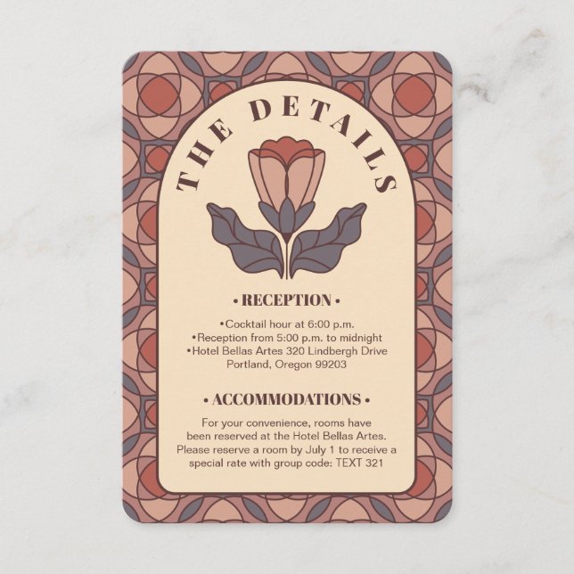 Art Deco Blumen Hochzeitsdetails Karte QR-Code (Vorderseite)