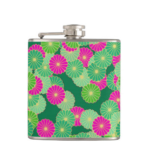 Art Deco-Blumenmuster - Grüntöne, Fuchsia Flachmann