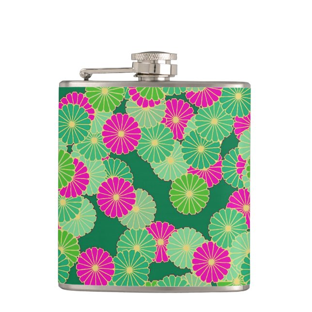 Art Deco-Blumenmuster - Grüntöne, Fuchsia Flachmann (Vorderseite)