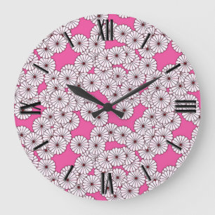 Art Deco Blumenmuster - weiß auf rosa Große Wanduhr