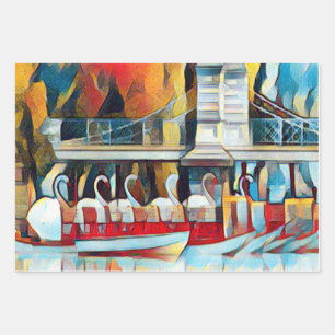 Art Deco Boston Swan Boats Wrapping Paper Sheets Geschenkpapier Set