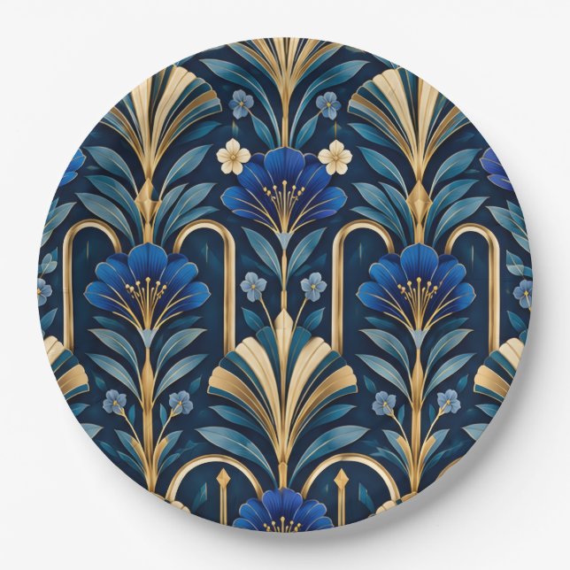 Art Deco Botanisches Muster. Saphirblau Pappteller (Vorderseite)