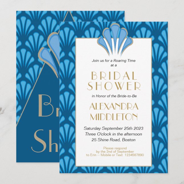 Art Deco Brautparty Blau Vintag Einladung (Vorne/Hinten)