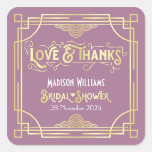 Art Deco Brautparty Gold Lilac Liebe & Danke Quadratischer Aufkleber