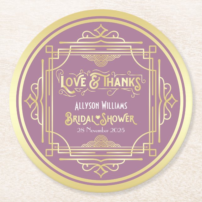 Art Deco Brautparty Gold Lilac Liebe & danke Runder Pappuntersetzer (Vorderseite)