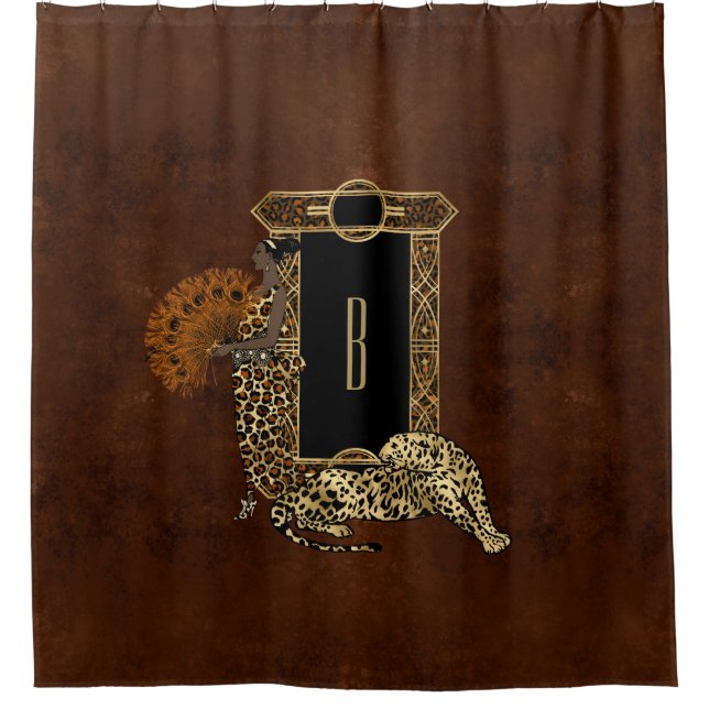 Art Deco Brawn Gold Leopard Monogramm Duschvorhang (Vorderseite)