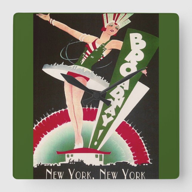 Art Deco Broadway New York Clock Quadratische Wanduhr (Vorderseite)