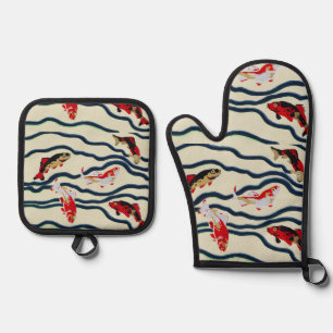 Art Deco Bunte Karpfen Schwimmen Marine Dekor Ofenhandschuh & Topflappen-Set
