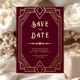 Art Deco Burgund Weinrot Gold Hochzeit Save the Da Folieneinladung