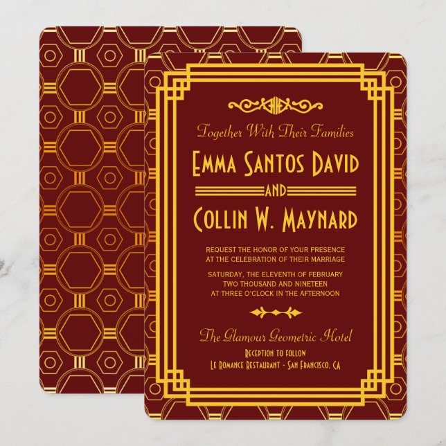 Art Deco Burgundy Wedding lädt ein Einladung (Vorne/Hinten)
