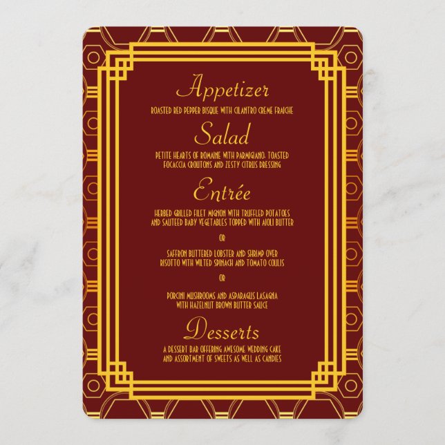 Art Deco Burgundy Wedding Menü Menükarte (Vorderseite)