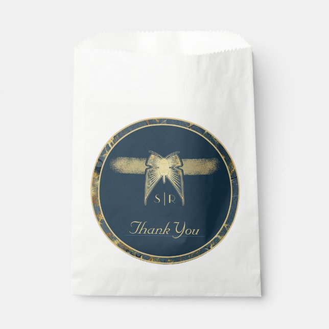 Art Deco Butterfly Blue Gold "Danke" Hochzeit Geschenktütchen (Vorderseite)