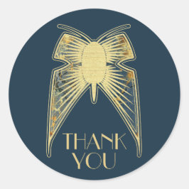 Art Deco Butterfly Blue Gold "Danke" Runder Aufkleber