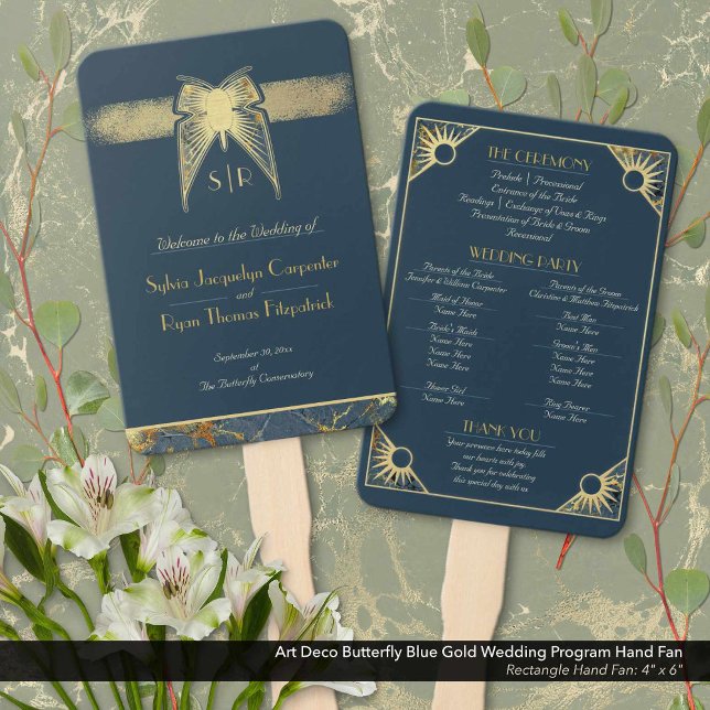 Art Deco Butterfly Blue Gold Hochzeitsprogramm Fächer (Art Deco Butterfly Navy Blue and Antique Gold Wedding Ceremony Program Hand Fan: Size 4" x 6")