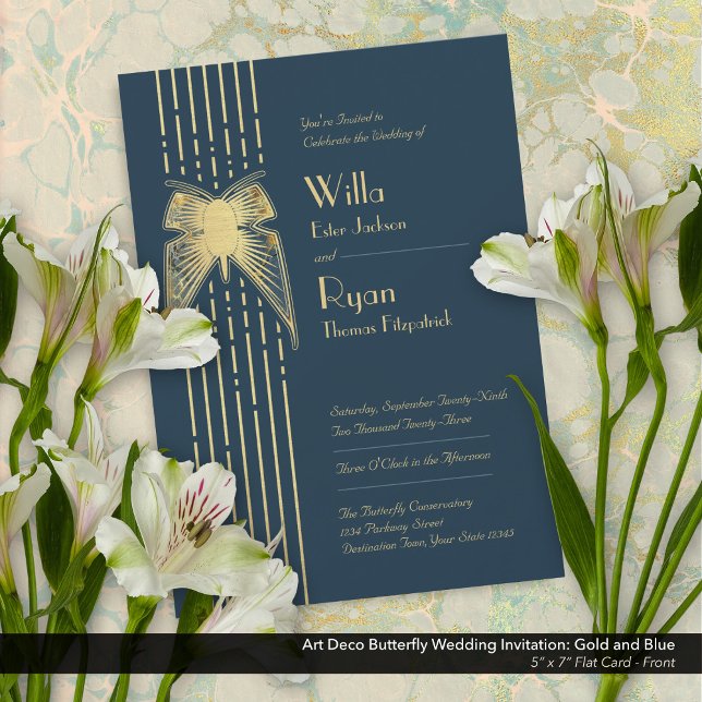 Art Deco Butterfly Blue und Gold Wedding Einladung (Art Deco Butterfly Blue and Gold Wedding Invitation - Front)