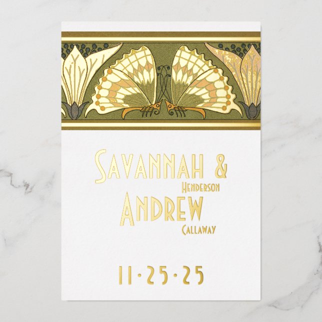 Art Deco Butterfly Calla Lily Save the Date Folieneinladung (Vorderseite)